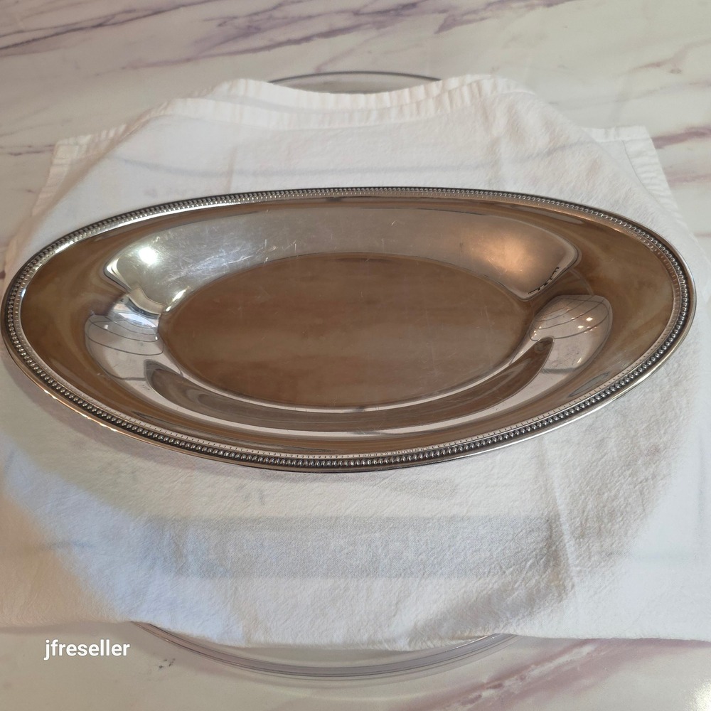 Oneida USA Silver Tone Oval Serving Tray Platter Beaded Rim 14.5 Inch Vintage